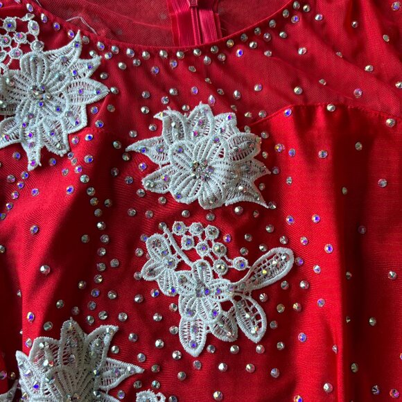 Red Sequin Lace Ballroom Dance Gown Mesh Sleeves L Holiday Glam Pageant Evening - Picture 4 of 16